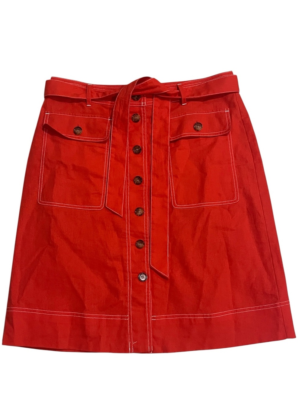 J. Crew Persimmon Red Skirt with Belt Linen Cotton Size 10 Button Front Pockets